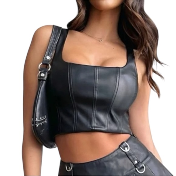 Tiger Mist Tops - Tiger Mist Black Leather Bustier Tank Top